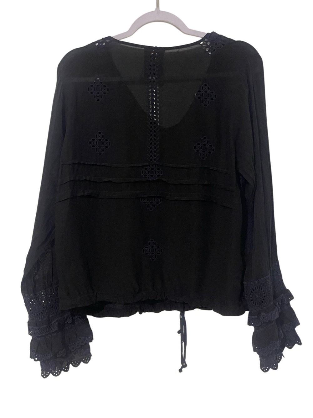 Johnny Was Black Embroidered Lace Blouse Boho Ruffle Sleeve Tie Hem Medium M - Picture 4 of 13